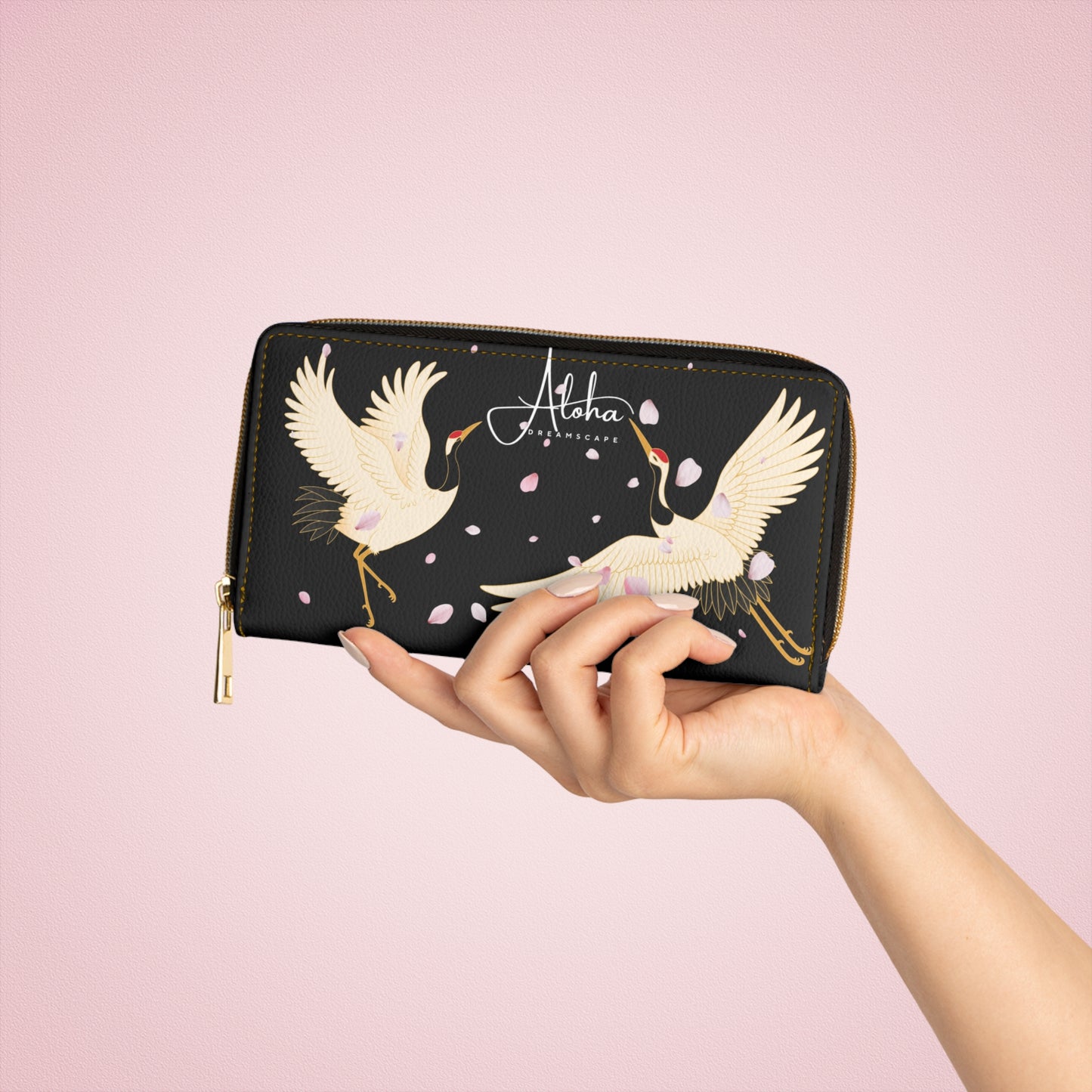 Cranes with Cherry Blossom Design-Zippered Wallet