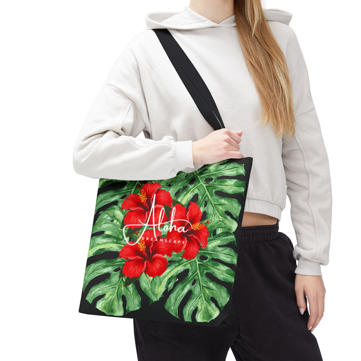 Red Hibiscus & Monstera Leaves Tote Bag | Tropical Floral Canvas Tote