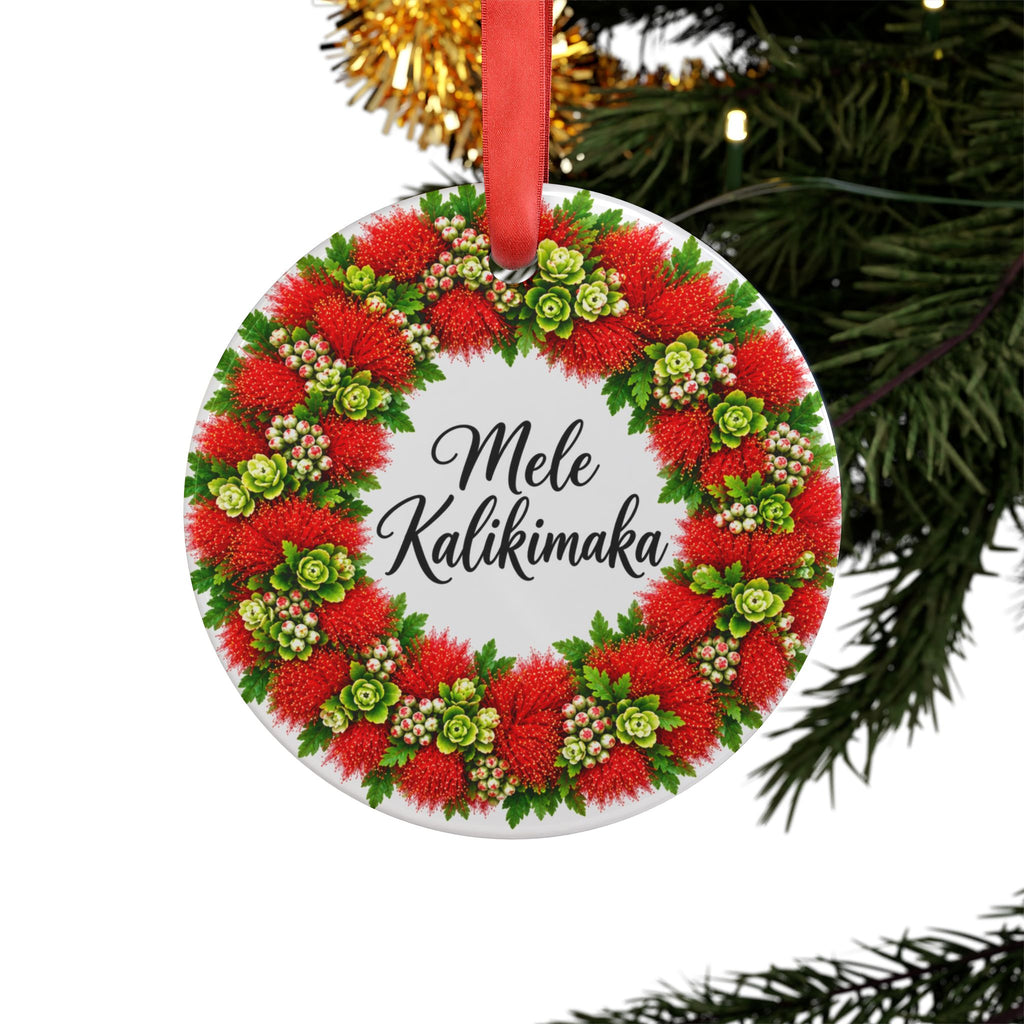 Mele Kalikimaka Ohia Lehua Christmas Ornament, Hawaiian Ohia Lehua Lei Holiday Decor, Acrylic Ornament with Ribbon