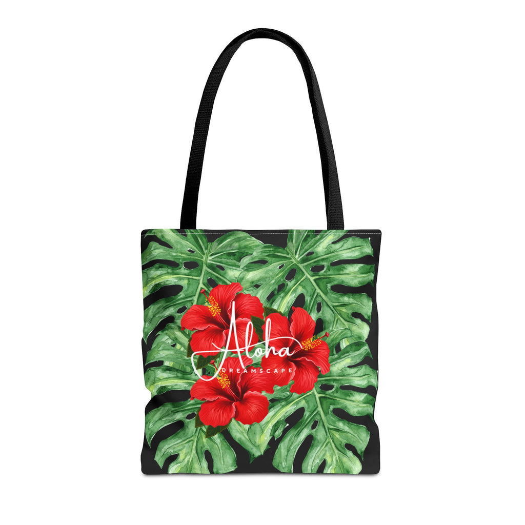 Red Hibiscus & Monstera Leaves Tote Bag