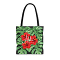 Red Hibiscus & Monstera Leaves Tote Bag