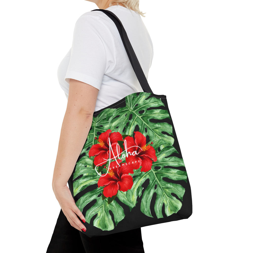 Red Hibiscus & Monstera Leaves Tote Bag