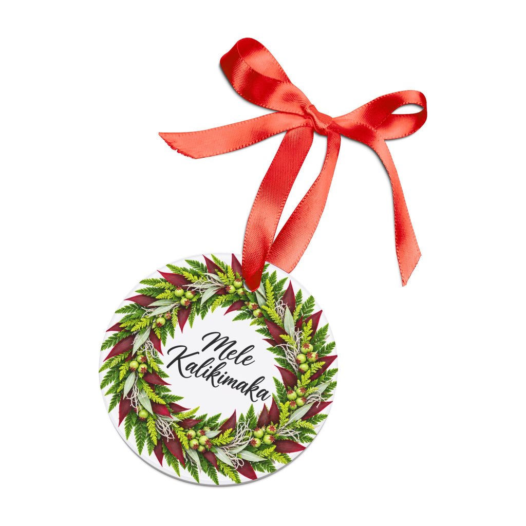 Mele Kalikimaka Ti Leaf Lei Christmas Ornament, Hawaiian Ti Leaf Lei Holiday Decor, Acrylic Ornament with Ribbon