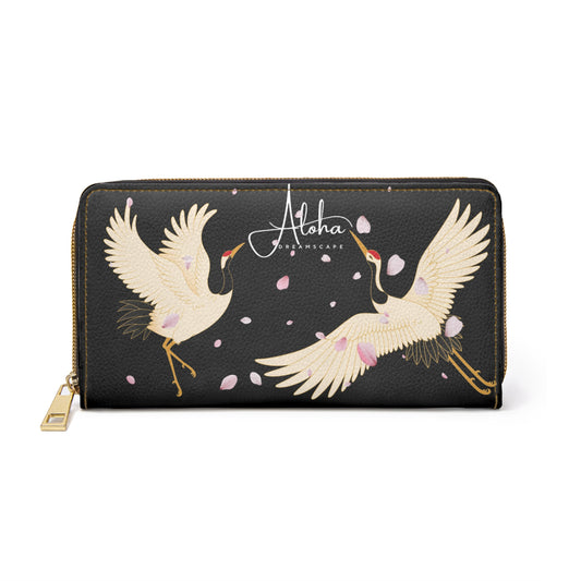 Cranes with Cherry Blossom Design-Zippered Wallet