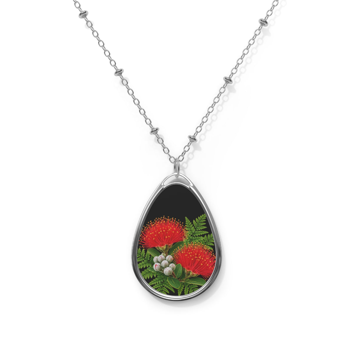 Lehua Flower Oval Necklace | Red Hawaiian Ohia Blossom Pendant | Tropical Floral Jewelry Gift for Her | Aloha Dreamscape