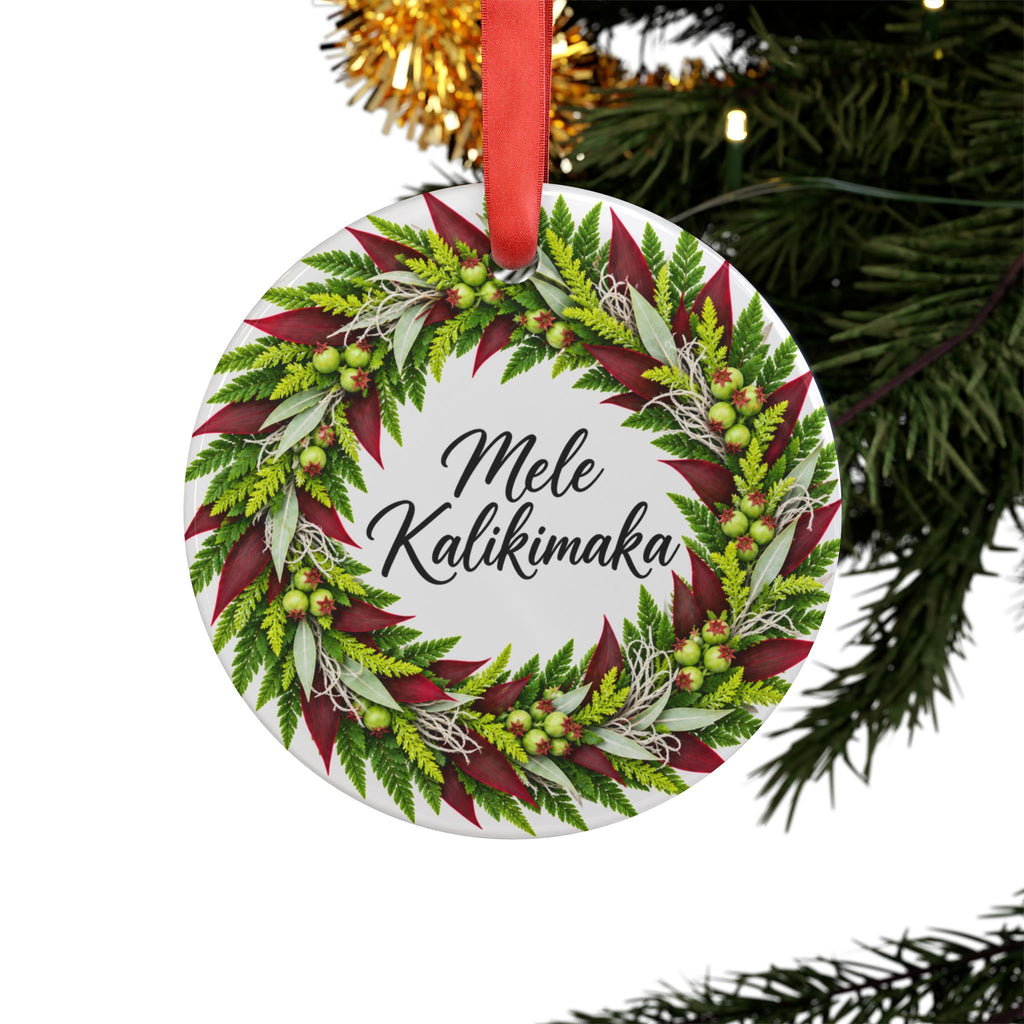Mele Kalikimaka Ti Leaf Lei Christmas Ornament, Hawaiian Ti Leaf Lei Holiday Decor, Acrylic Ornament with Ribbon