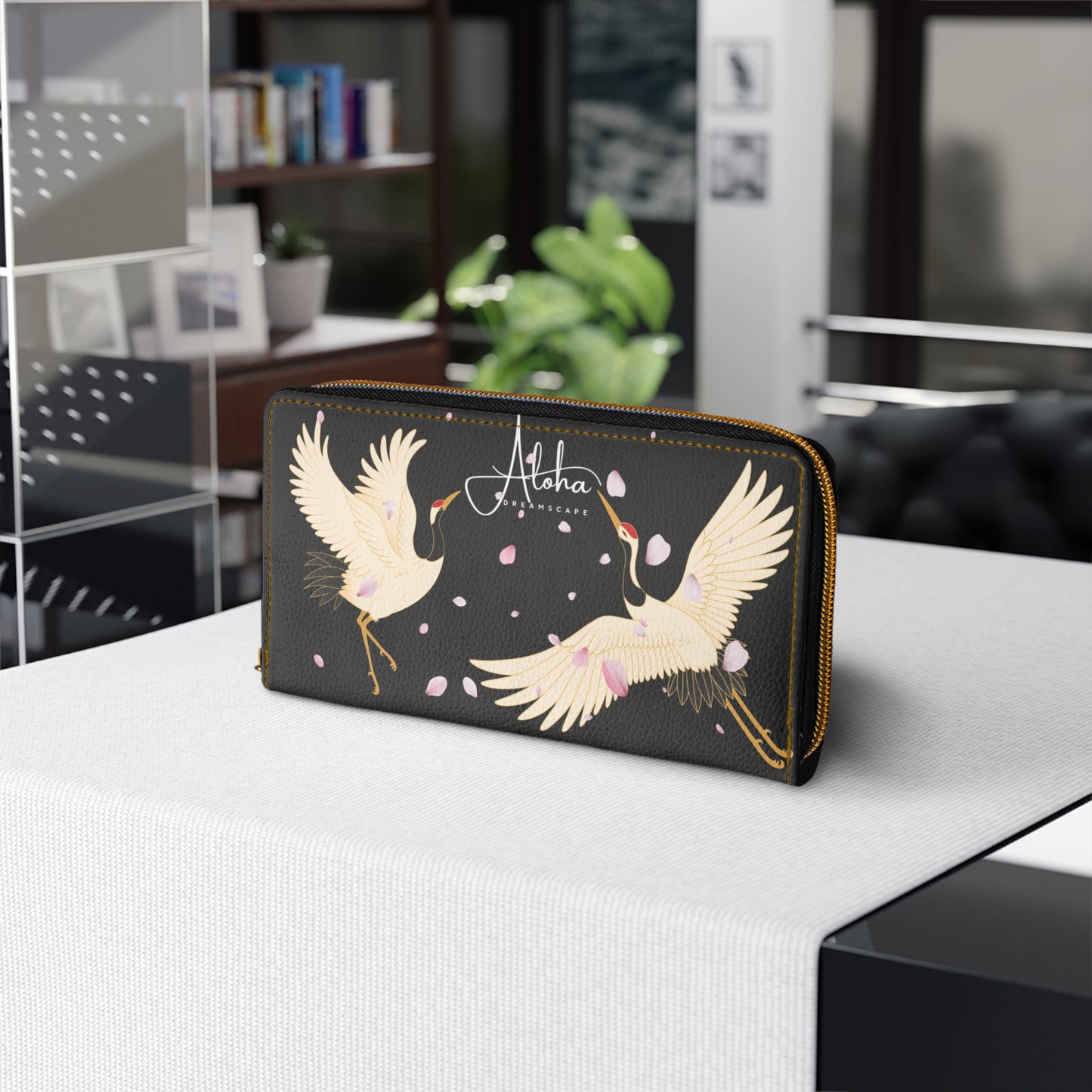 Cranes with Cherry Blossom Design-Zippered Wallet