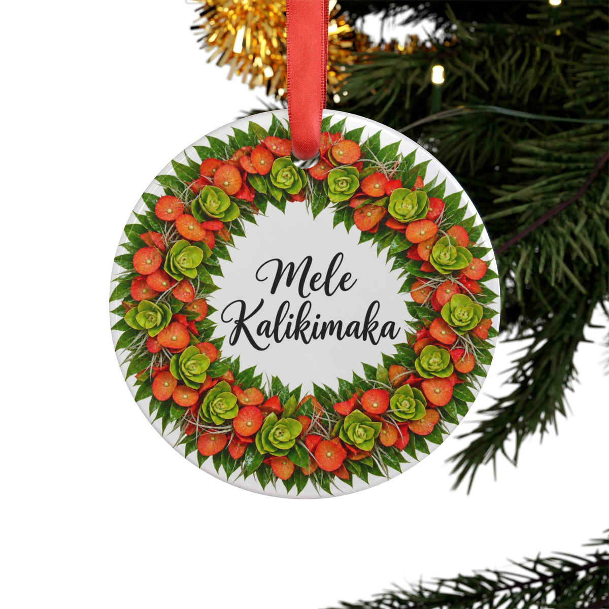 Mele Kalikimaka Chinese Hat Lei Christmas Ornament, Hawaiian Chinese Hat Lei Holiday Decor, Acrylic Ornament with Ribbon