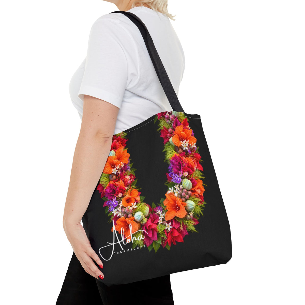Tropical Glow Lei Tote Bag – Orange & Pink Hawaiian Floral Design