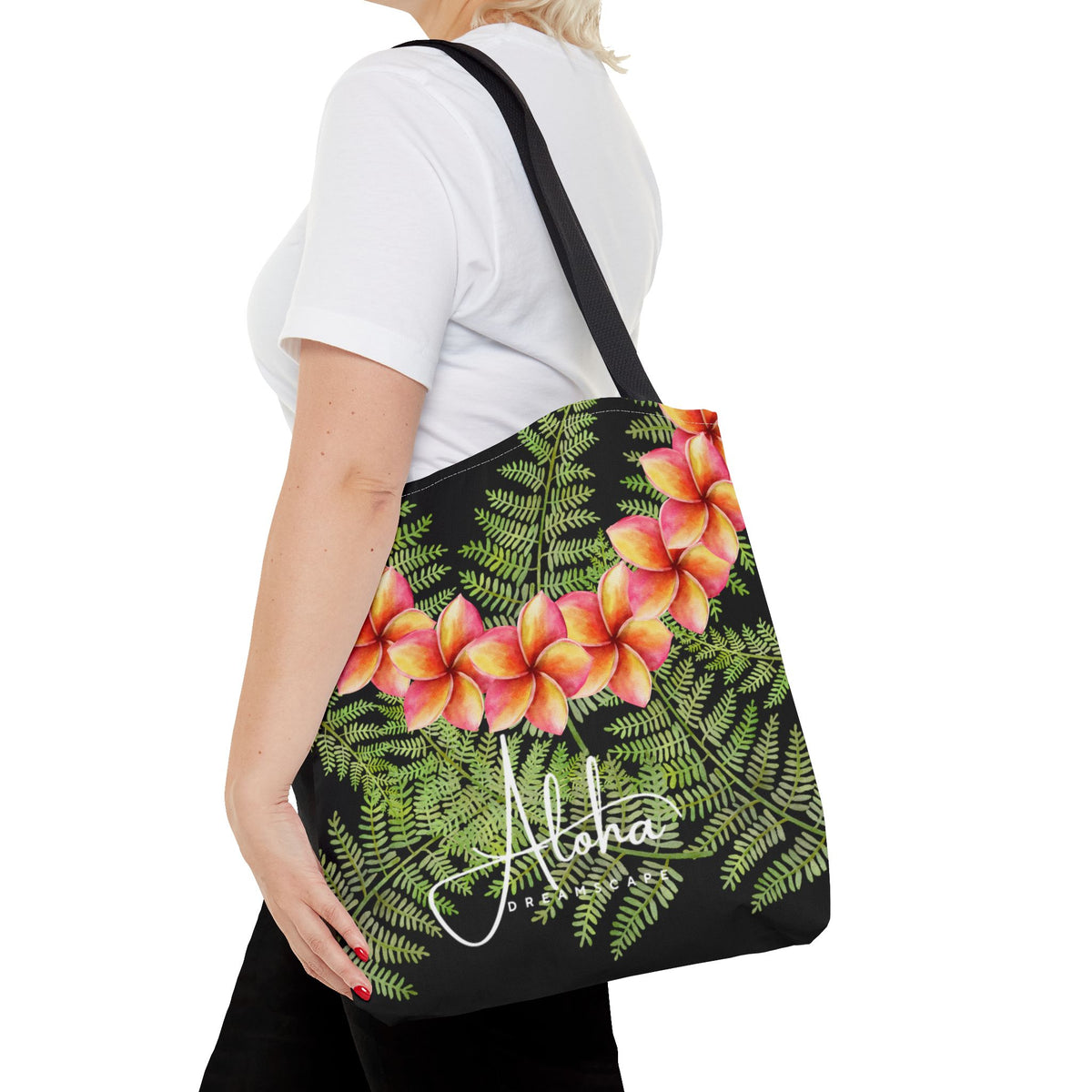 Hawaiian Plumeria & Fern Tote Bag | Tropical Beach Bag | Aloha Dreamscape Floral Market Tote | Hawaii Reusable Shopping Bag
