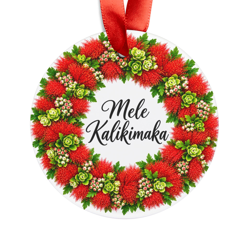 Mele Kalikimaka Ohia Lehua Christmas Ornament, Hawaiian Ohia Lehua Lei Holiday Decor, Acrylic Ornament with Ribbon